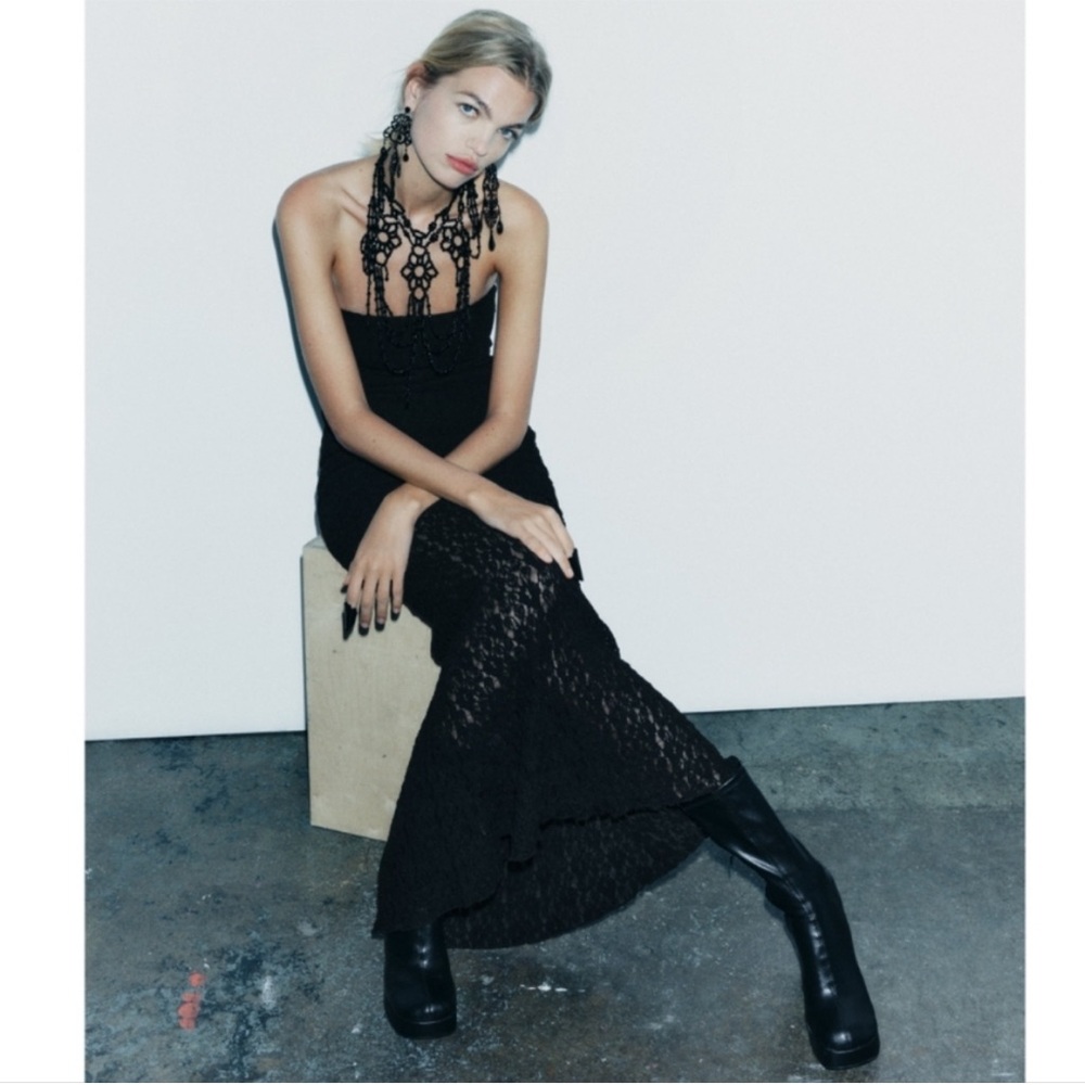 Zara black lace strapless maxi dress sheer hem minimalist euro summer M - Picture 2 of 8